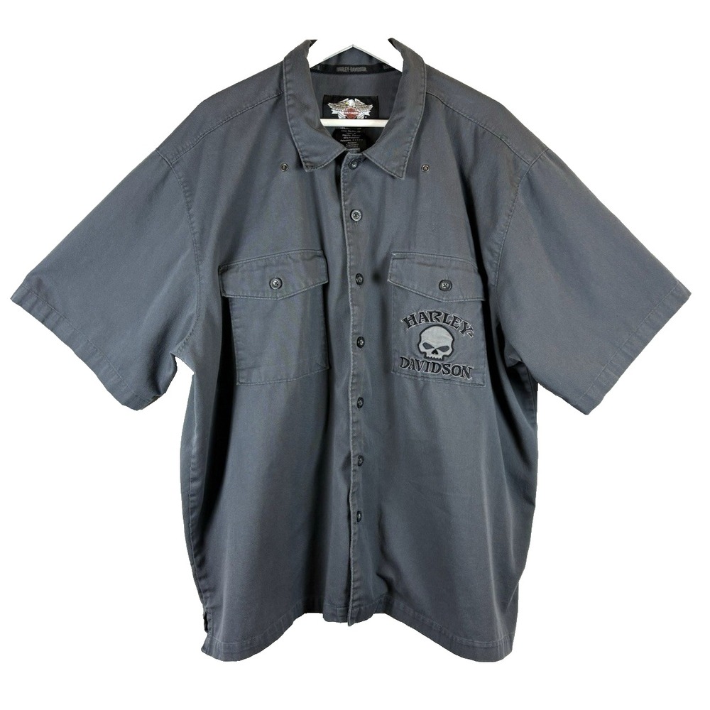 Harley Davidson Grey Skull Button Down Shirt Size 2XL Short Sleeve Embroidered